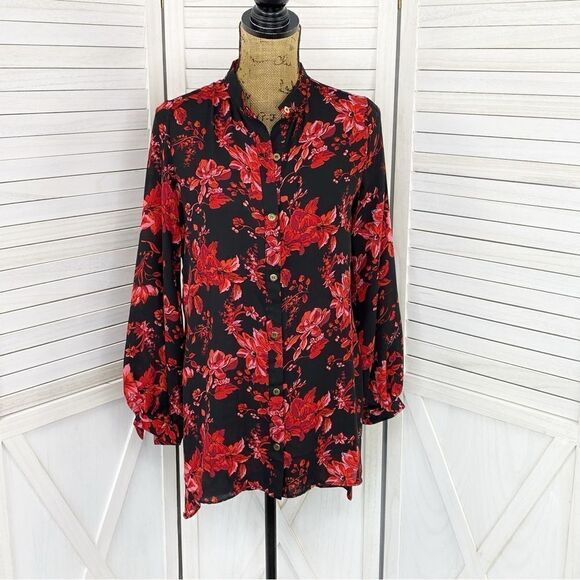 Joan Vass Floral High Low Button Front Blouse Black Red XS - Picture 1 of 14